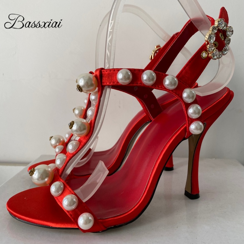 Strappy Heeled Sandals - Parel Kraal Decor T-Strap Naaldhak Sandalen