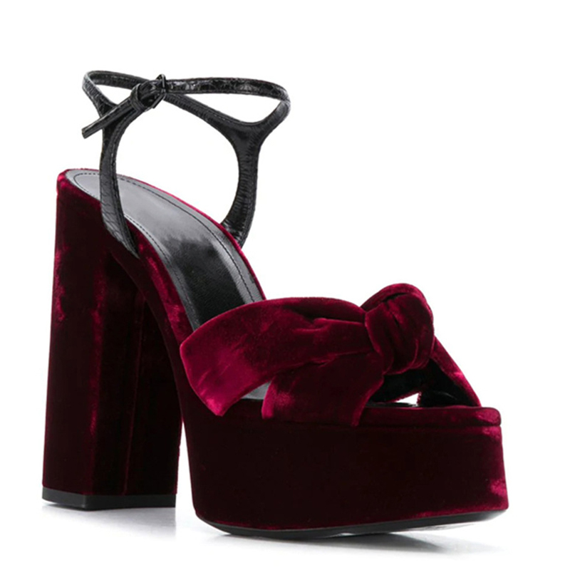 Women'S Shoes Burgundy - Bordeaux Fluwelen Knoop Peep Toe Platform