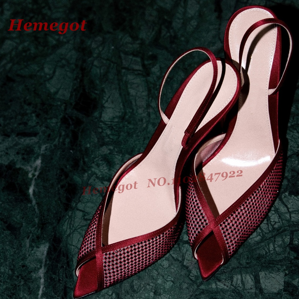 Women'S Shoes Burgundy - Dames bordeauxrood satijn mesh slingback hakken