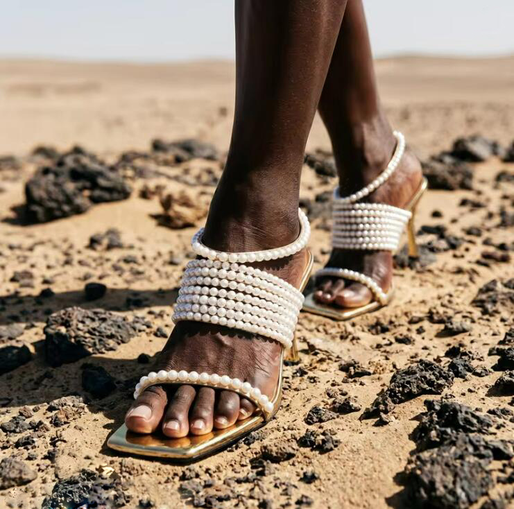 Gold Chain Sandal - Glanzende parelkettingen Bandjes Slingbacks Vierkante open