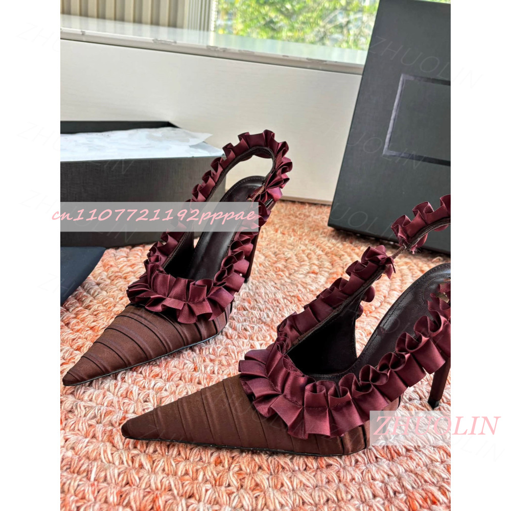 Women'S Shoes Burgundy - Slingback hakken bordeaux geplooide satijnen ruche